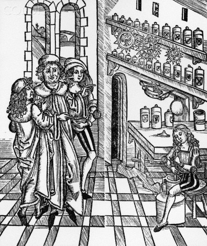 Woodcut Print of a Scene in a Medieval Apothecary Shop